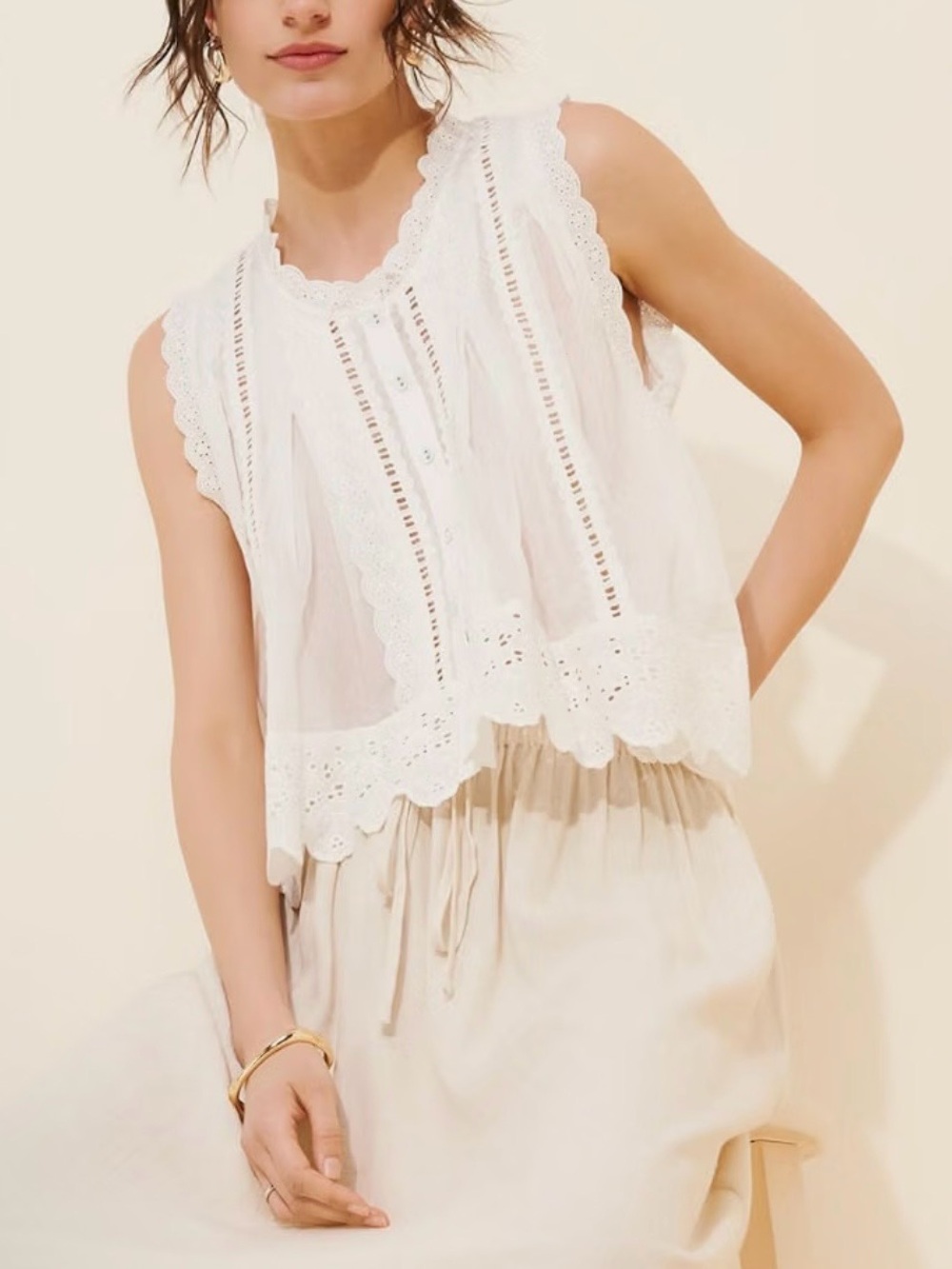 Sleeveless White Eyelet Lace Pintuck Babydoll Blouse - Women's NWOT
